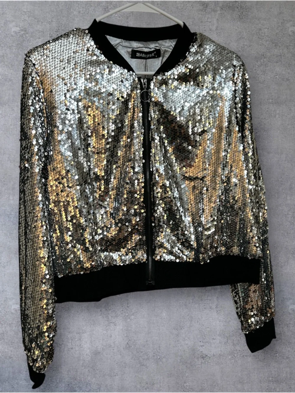 Allegra K Silver Sequin Bomber Jacket with Black Trim NWT Size Large - Picture 2 of 7